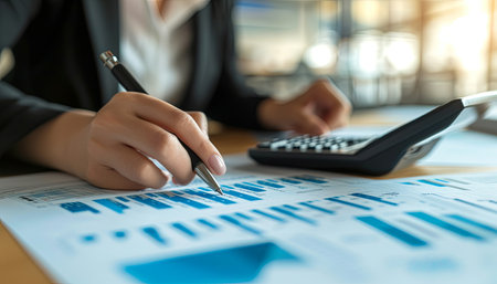 business woman hand working with finances about cost and calculator on wooden desk in officeの素材