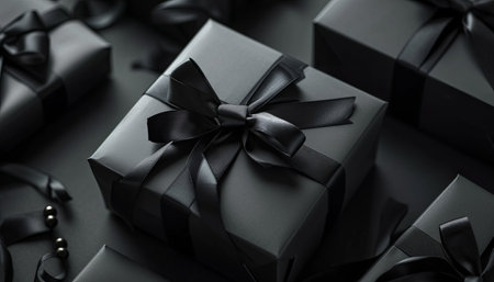 Black gift boxes with black ribbon on black background. Close up.の素材