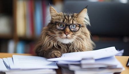 Siberian cat with eyeglasses sitting at desk in officeの素材