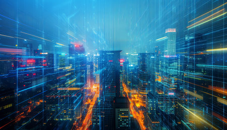 Futuristic cityscape with skyscrapers and neon lights. 3D Renderingの素材