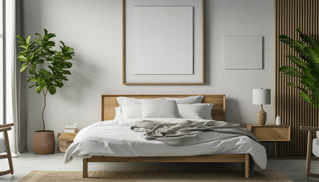 Interior of modern bedroom with white walls, concrete floor, comfortable king size bed with white linen and two vertical mock up posters. 3d renderingの素材