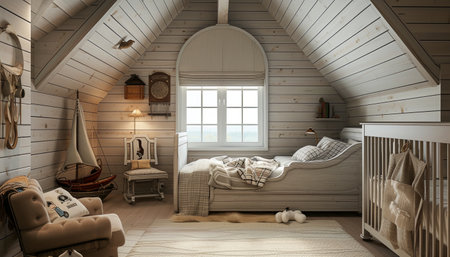 3D rendering of a baby room in a rustic wooden houseの素材
