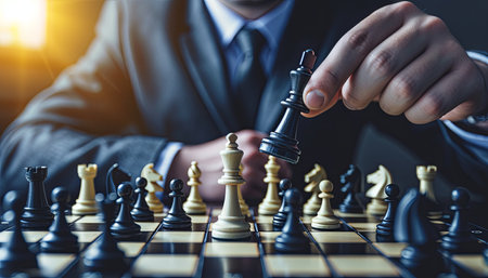 Businessman playing chess game. Business strategy and leadership concept. Close upの素材