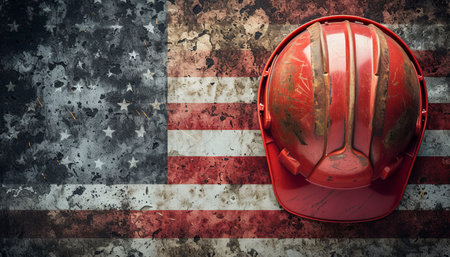 Helmet with American flag on the background. 3d rendering.の素材