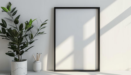Blank picture frame on white wall in modern interior with plant. Mock up, 3D Renderingの素材