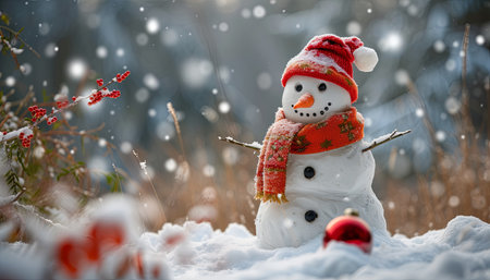 Snowman with red scarf and hat in the winter forest. Christmas concept.の素材