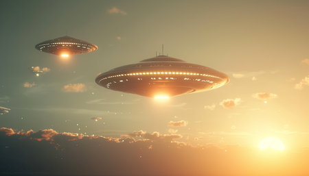 Flying saucer in the sky. 3d render. UFO.の素材