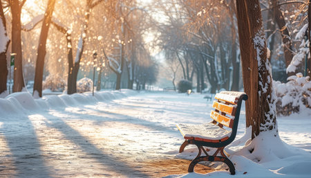 Bench in the park in winter at sunset. Beautiful winter landscape.の素材