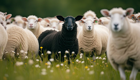 Sheep and lambs in a meadow with daisiesの素材