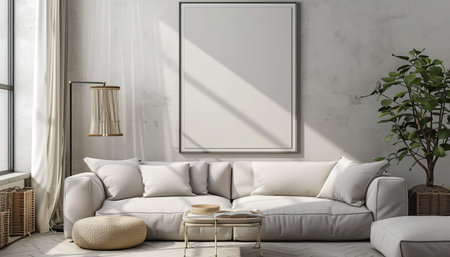 Interior of modern living room with white sofa, mock up poster frame, 3d renderの素材