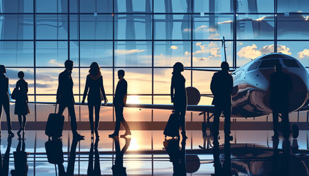 Silhouettes of passengers in the airport terminal. 3D renderingの素材