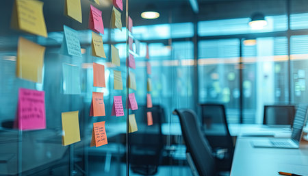 Blurred image of empty office with colorful sticky notes on glass wallの素材