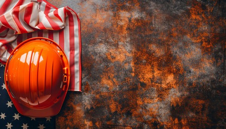 Helmet and american flag on grunge background. Labor day concept.の素材