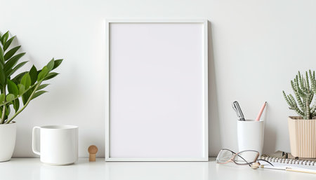Mock up poster frame in home office interior background, 3D renderingの素材