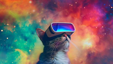Cat wearing virtual reality goggles. Colorful background with copy space.の素材