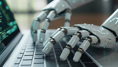 Robot hand typing on laptop keyboard. 3D rendering artificial intelligence conceptの素材