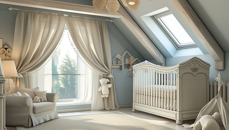 3D render of a baby room with a crib and armchairの素材