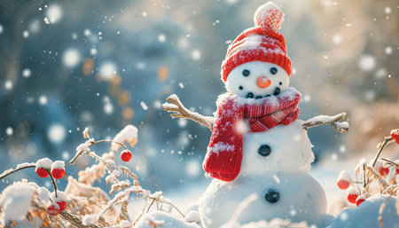 Snowman in red hat and scarf on a background of winter landscapeの素材