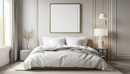 Mock up poster frame in bedroom interior background, 3D renderの素材