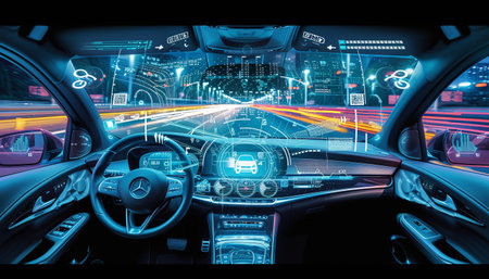 View from the inside of a modern car with high-tech HUDの素材