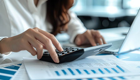 business woman hand working with finances about cost and calculator and laptop computer on the table in modern officeの素材