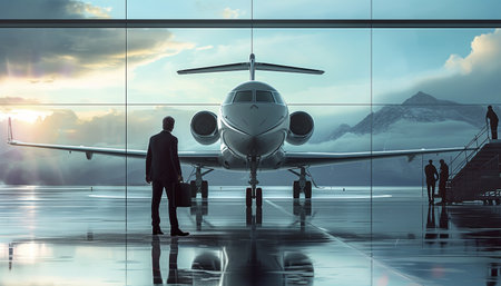 Businessman and airplane in airport terminal. Travel and business concept.の素材
