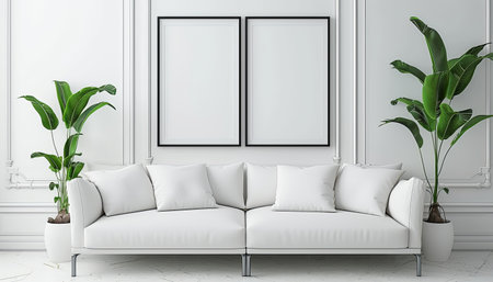 Interior of modern living room with white sofa, plants and two posters. 3d renderの素材