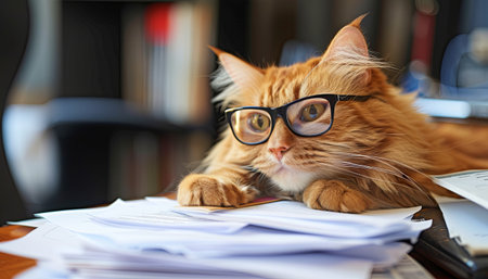 Cute ginger cat with eyeglasses lying on the office deskの素材