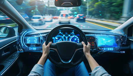 View from the inside of a car on the road with a man driving a car.の素材