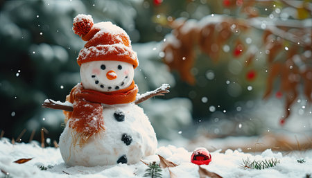 Snowman with red heart in winter forest. Christmas and New Year concept.の素材