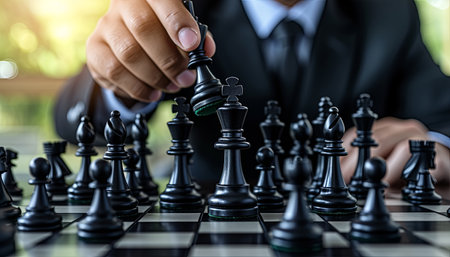 Businessman playing chess game on chessboard, business strategy concept.の素材