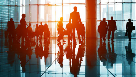 Foto de Silhouettes of business people walking in the lobby of a modern office building - Imagen libre de derechos