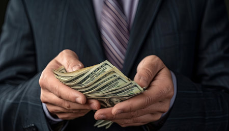 Businessman counting money, close-up of hands counting dollar billsの素材