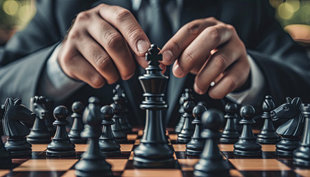 Close up of businessman playing chess. Concept of business strategy and competition.の素材