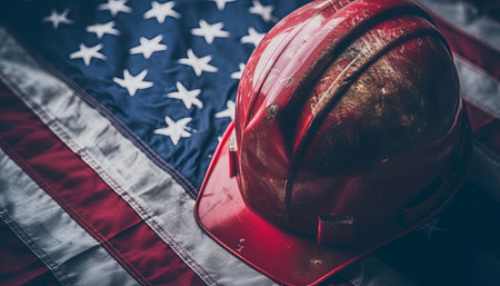 Helmet of firefighter on the background of the american flag.の素材
