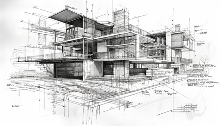 Architectural drawing of a modern house with a lot of drawingsの素材