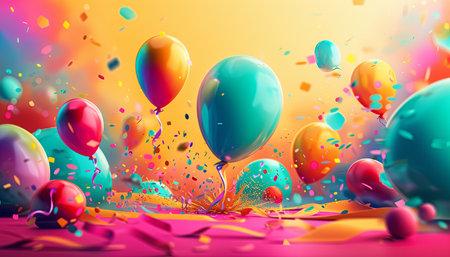 Colorful balloons with confetti and ribbons. 3d illustrationの素材