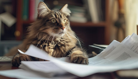 Cute Maine Coon cat lying on the table and reading a newspaperの素材