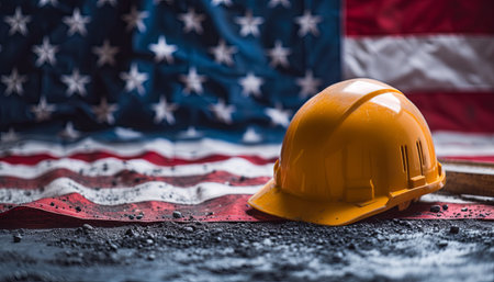 Hard hat and hammer on USA flag background. Labor day concept.の素材