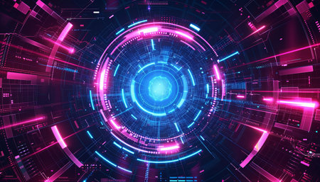 Abstract technology background with glowing neon circles. 3d rendering digital illustrationの素材