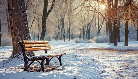 Wooden bench in the park in winter. Beautiful winter landscape.の素材