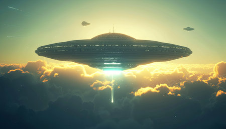 UFO flying over the clouds. 3d render. Fantasy illustration.の素材