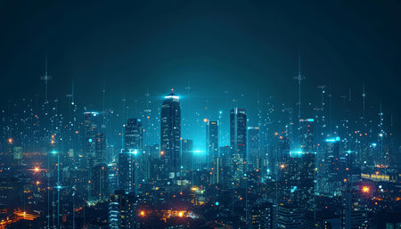 Night city skyline with glowing lights. Futuristic cityscape background.の素材