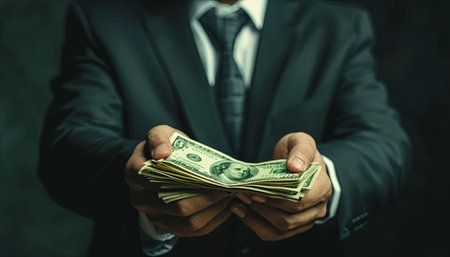 Businessman holding money in his hands. Close-up. Dark background.の素材