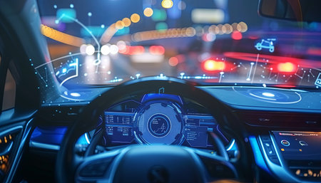 View of a Driver's seat inside a car at night with city lights in the backgroundの素材