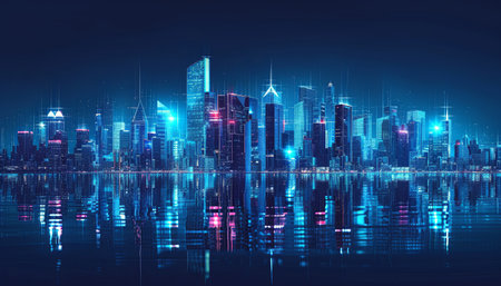 Modern city at night with reflection in water, 3d illustration.の素材