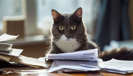 Close up of a gray cat lying on a desk with papers and documentsの素材