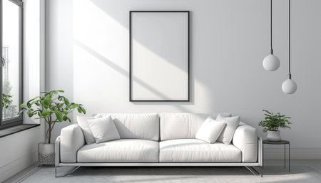 Minimalist living room interior with a white sofa and a framed poster. 3d rendering mock upの素材