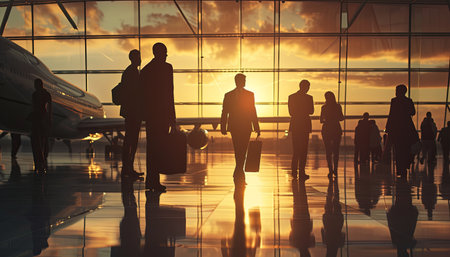 Silhouettes of business people walking in the airport terminal at sunsetの素材