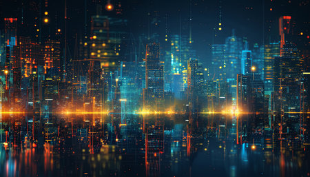 Night cityscape with illuminated skyscrapers and neon lights. 3D Renderingの素材